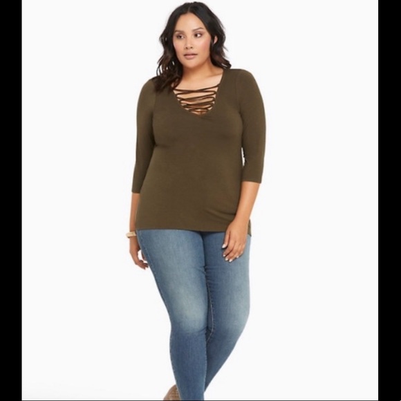 Torrid | Olive Green Lace Up V-Neck Top - Picture 3 of 3